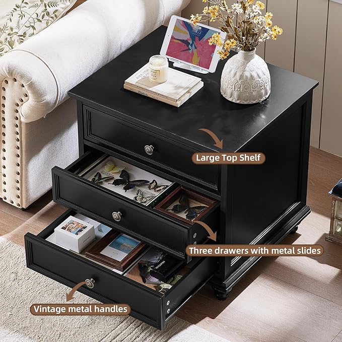 24" Wide Farmhouse Night Stand,Large End Table with 3 Drawers & Metal Handle,Black Dresser for Bedroom, Bed Side Table Chest of Drawers Cabinet,Wood Nightstand for Living Room,Closet