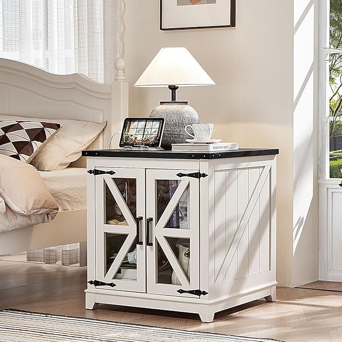 Farmhouse End Table,24" Large Sofa Side Table with Charging Station Glass Barn Door,Wood Nightstand with Adjustable Storage Shelf,Square Bedside Table for Living Room,Bedroom,Office-White