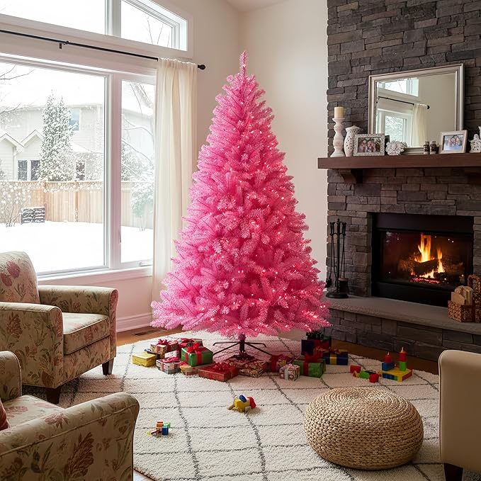 YULETIME 6.5 Feet Pre-Lit Pink Christmas Tree, Artificial Holiday Decorative Tree with UL Listed 300 Pink LED Christmas Lights with Matching Color Wire