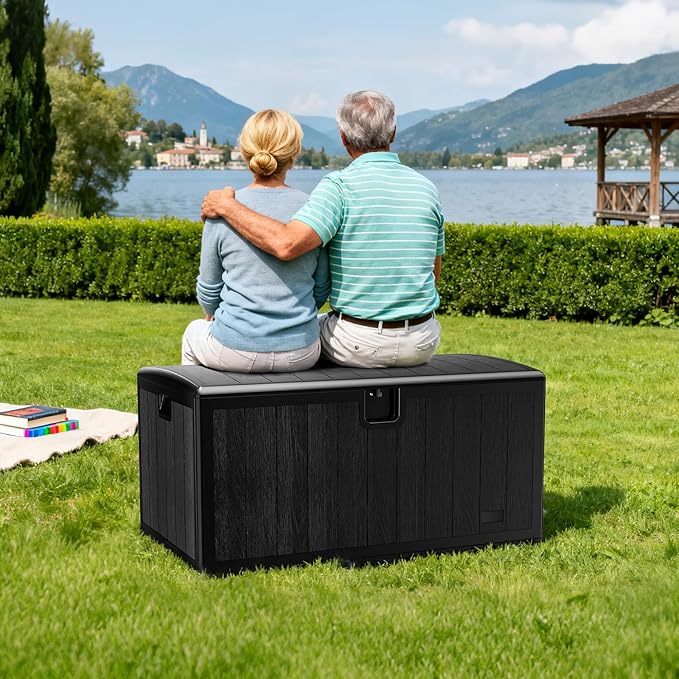 JEKO&JEKO 220 Gallon Outdoor Storage Box Set, 2-Pack 110 Gallon Plastic Deck Boxes with Lockable Lid for Patio, Garden Tools, Outdoor Cushions and Shoes, Black