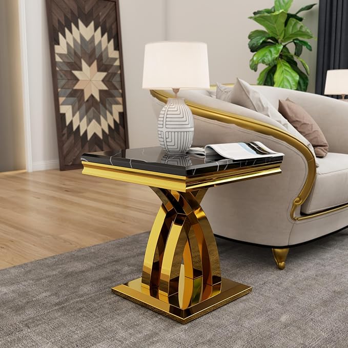 AUZ 3 Pieces Black Gold Living Room Table Set, Coffee Table and 2 End Side Table with X-Shape Design Polished Stainless Steel Frame
