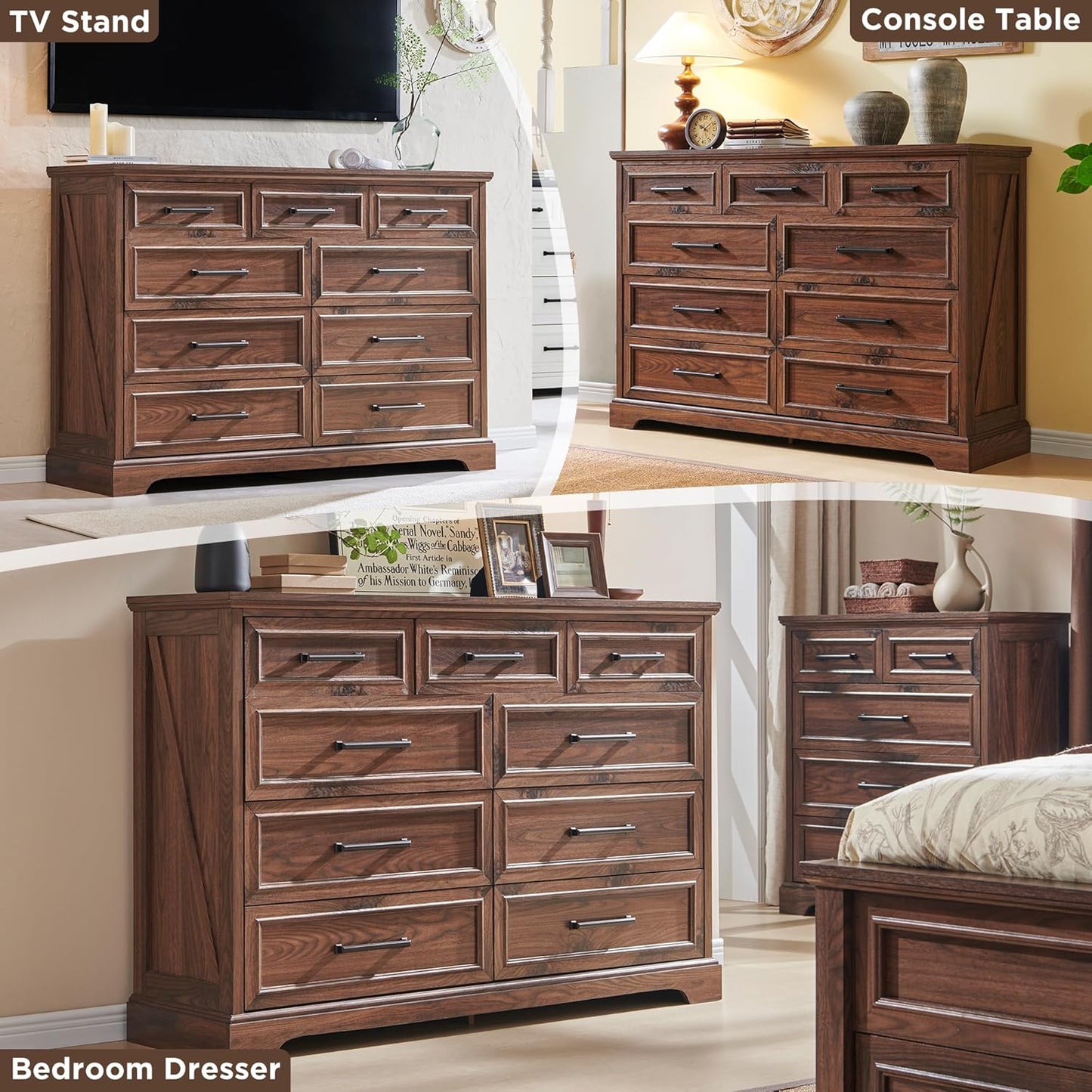 Farmhouse 9 Drawer Dresser for Bedroom, 36 Inch Tall Modern Dresser TV Stand with Large Drawers & Bar Handles, Rustic Wood Chest of Drawers for Bedroom, Living Room, Hallway, Brown