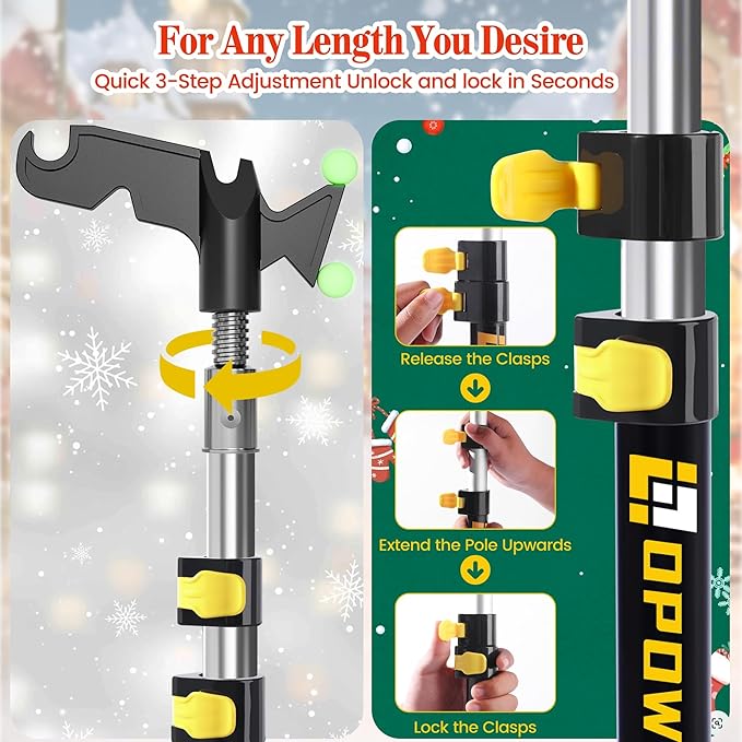 6-24 FT Christmas Light Telescopic Hanger Pole with Utility Hook, Stand Reach 30 Feet Long 3/4 inch Threaded Pole Reaching High Place for Hanging and Installation Lights String, Clothes and Birdfeeder