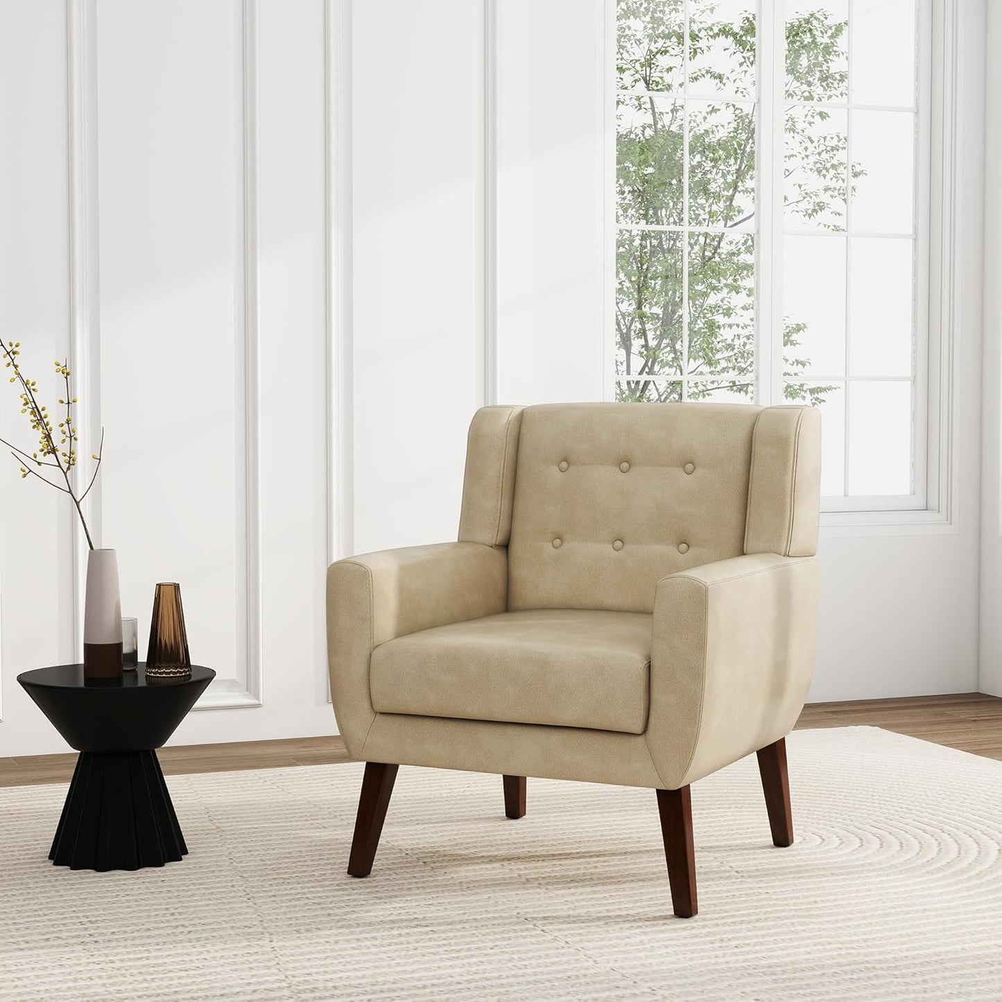 UIXE Faux Leather Accent Chairs Set of 4, Modern Arm Club Chair Upholstered Armchair for Living Room, Comfy Single Sofa Seats Button Tufted Reading Seating, Cream