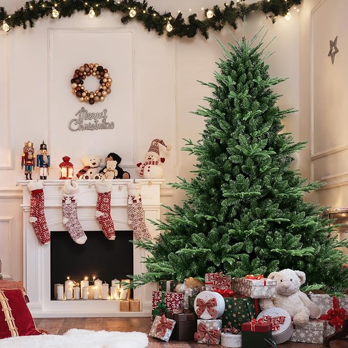 Prelit Christmas Tree 8ft, Artificial Christmas Tree with Lights & Mixed 3258 PE PVC Flame-Retardant Tips, Premium Realistic Spruce Lighted Up LED Xmas Tree for Office Home Decor with Auto Hinged