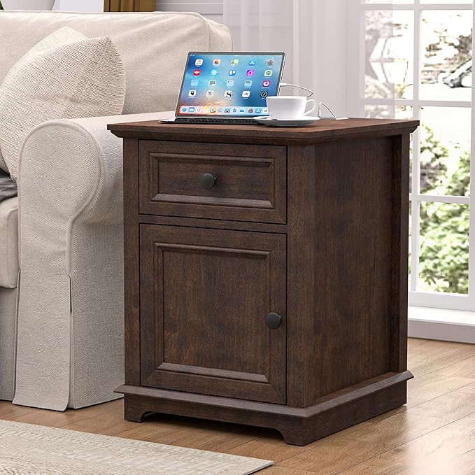 End Tables with Fast-Charge Sets, Side Tables with Drawers, Storage Side Tables Living Room, Adjustable Shelf, Bedroom Nightstands Set of 2, Cherry