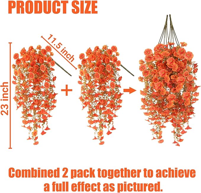 Artificial Fake Hanging Flowers Plants for Outdoor Outside Spring Summer Decoration 2PCS Faux Silk UV Resistant Realistic Morning Glory with Eucalyptus for Home Porch Patio Balcony(Fall Orange)