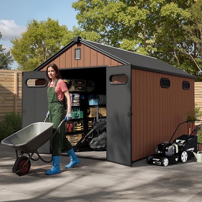CRESTLIVE 8x12 FT Rust-Resistant Plastic Outdoor Storage Shed, Waterproof Resin Garden Shed with Floor, Doors, Skylight & Vent for Lawn Tools & Bikes