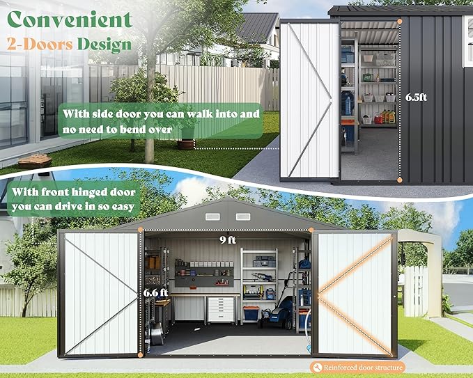 AMERLIFE 13x21x8.4 FT Outdoor Metal Garage Shed, Extra Large Storage Shed with Double Hinged Doors & 4 Windows, Carport for Car, Boat, Truck and Equipment Storage, Dark Gray