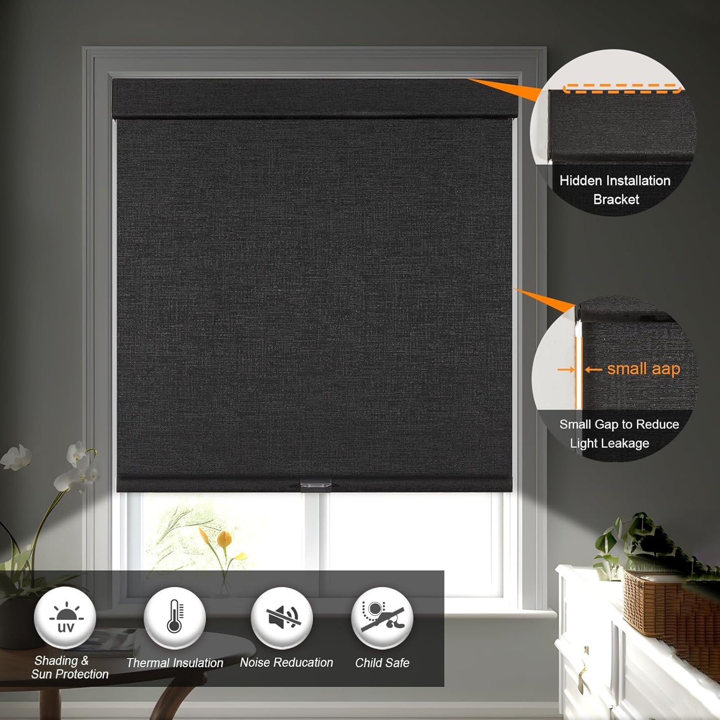 Persilux Free-Stop Cordless Blinds for Indoor Windows with Cover, Window Shades Blackout Roller Blinds, Thermal Insulated Fabric UV Protection for Kitchen, Office, Living Room, Black(21" W x 48" H)