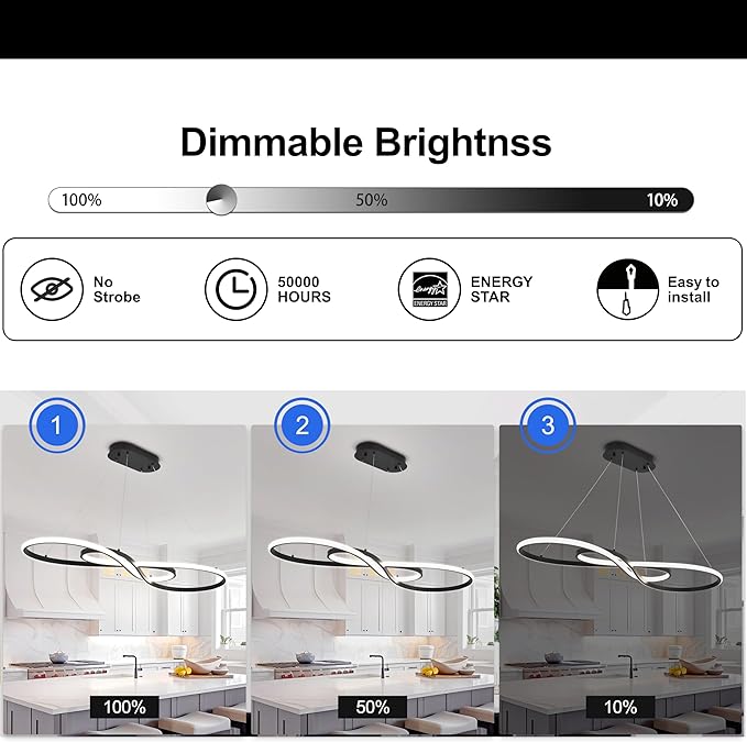 Modern Led Pendant Light, Dimmable Black LED Chandelier for Dining Room Light Fixture Over Table Modern Kitchen Island Lighting, Height Adjustable Ceiling Light