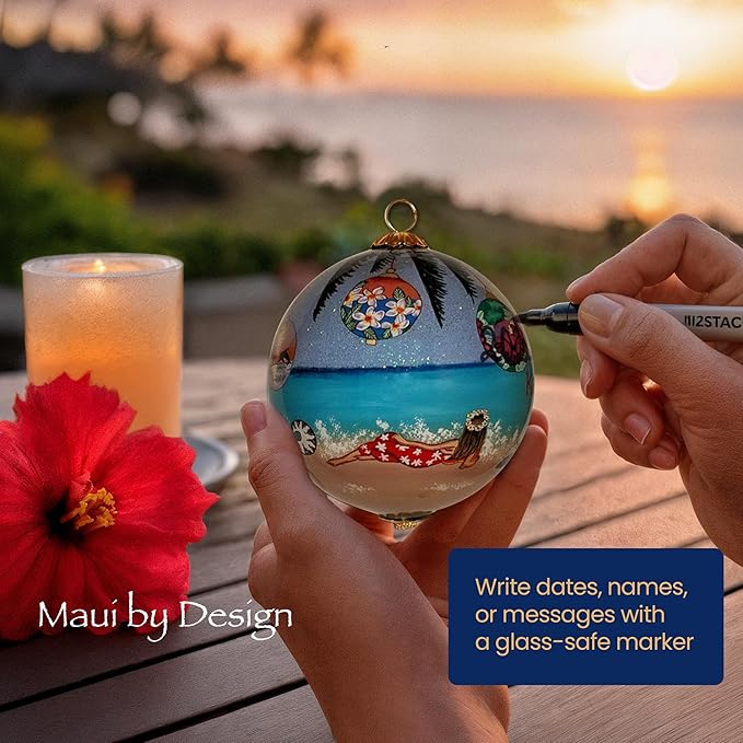 Hawaiian Ornament Christmas Under Palm Trees: Collectible Hand-Painted Glass Keepsake with Gift Box