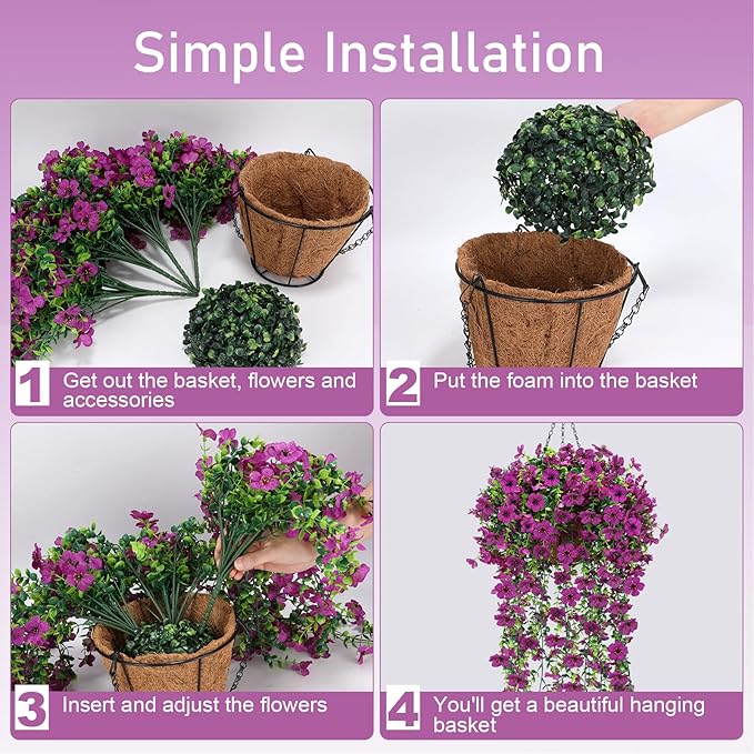Geegoods 2 Set Artificial Hanging Flowers Plants for Outdoor, Faux Hanging Violet Flowers Baskets with Eucalyptus Vines UV Resistant Realistic Fake Plants for Outside Porch Garden Yard Home Decor