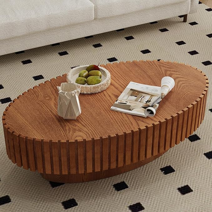 43.3” Oval Coffee Table Modern Fluted Coffee Table Handcrafted Relief Center Table with Sturdy Pedestal Mid Century Modern Center Table Tea Table for Living Room Apartment (Brown)