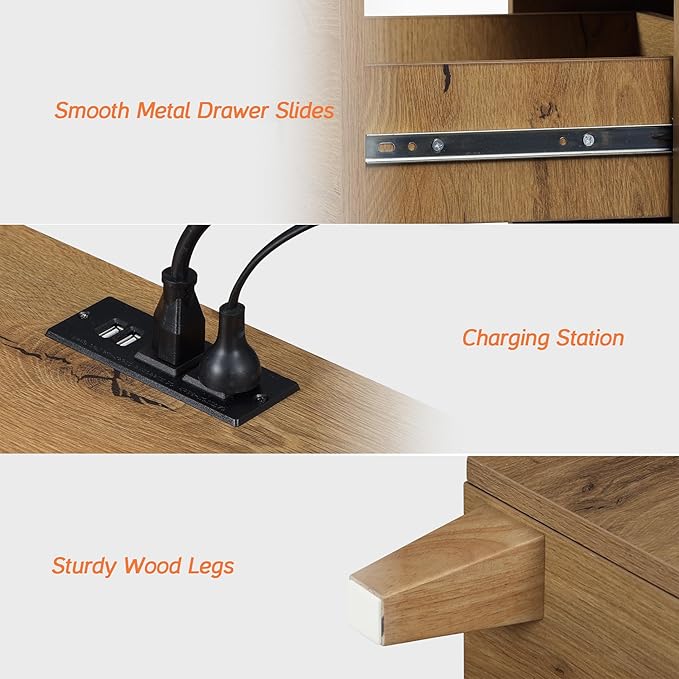 WAMPAT Nightstands with Charging Station & 2 Drawers, Set of 2 Modern Mid-Century End Tables Wooden Bedside Table for Living Room, Bedroom Storage, Oak Brown