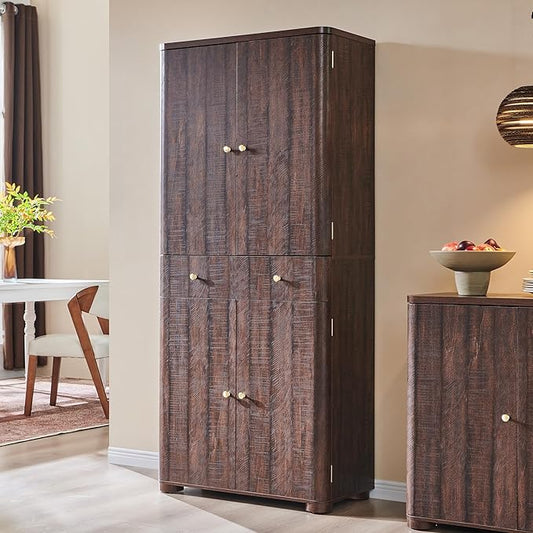 71" Tall Kitchen Pantry, Modern Curved Pantry Storage Cabinet with 4 Doors and 6 Adjustable Shelves, Cupboard for Kitchen, Dining Room, Living Room and Bathroom, Brown