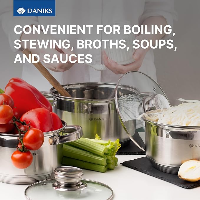 Daniks Standard 11-Piece Stainless Steel Cookware Set with Glass Lids, Includes Saucepan with Lid and Frying Pan, Tri-Ply Bases for Even Heating, Induction Compatible, Dishwasher Safe, Silver
