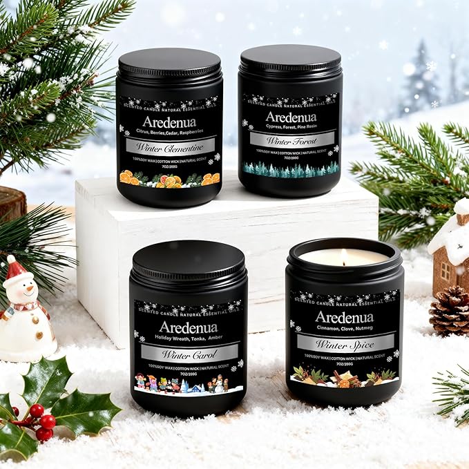 Winter Candles Set – 4 Pack Holiday Scented Candles, 28oz Soy Candle for Home Scented, Cozy Scents of Winter Carol/Spice/Clementine/Forest - Holiday Candle Christmas Gifts for Women Men