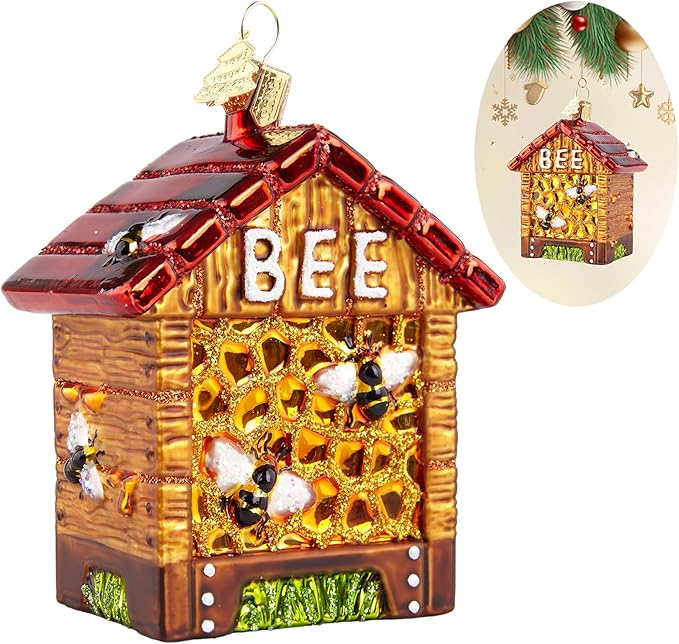 Bee Christmas Ornaments,Glass Blown Ornaments for Tree,Beehive Box Collection Figurines Hanging Ornaments, Christmas Tree Decorations for Bee Lovers Holiday Party Home Gifts
