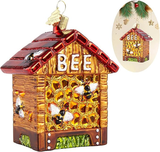 Bee Christmas Ornaments,Glass Blown Ornaments for Tree,Beehive Box Collection Figurines Hanging Ornaments, Christmas Tree Decorations for Bee Lovers Holiday Party Home Gifts
