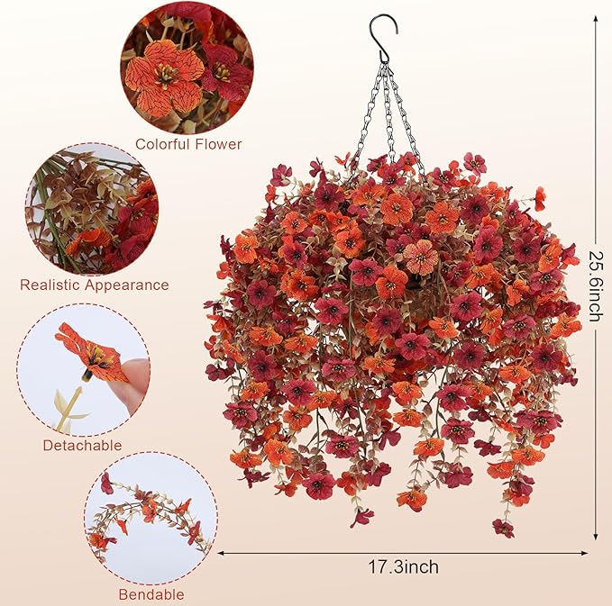 Artificial Flowers for Outdoors, 2 Set Faux Hanging Mums Baskets with Eucalyptus Vines, Realistic Fake Mums, Fall Flowers for Porch, Patio, Garden & Yard, Fall Outdoor Décor