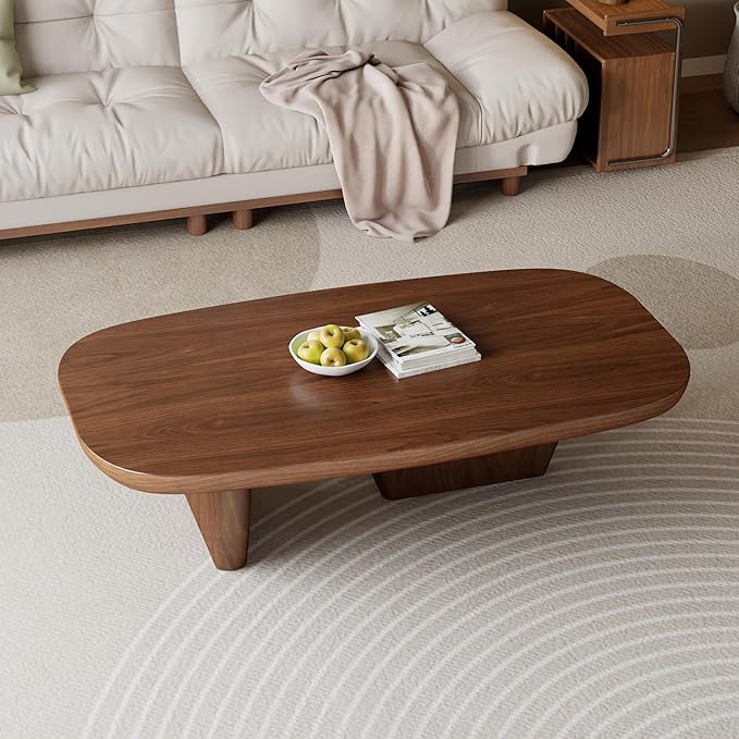 Walnut Coffee Table, Mid Century Modern Decor Low Cocktail Tea Table with Rounded Corners for Living Room, Home, Office, 51.2" Brown