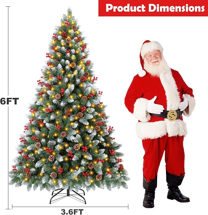 6FT Pre Lit Artificial Christmas Tree with 300 Lights, 847 Branch Tips, 52 Pine Cones, 52 Red Berries & Metal Stand, Remote Xmas Tree for Outdoor Indoor Home Christmas Decorations