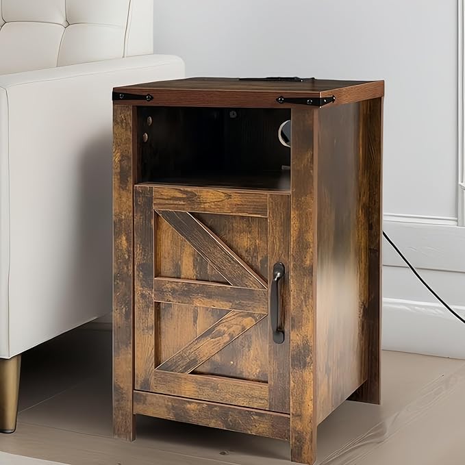 Brown Farmhouse Nightstand Set of 2, Rustic End Table with Barn Door and Shelf, Bedside Table with Charging Station for Living Room, Bedroom