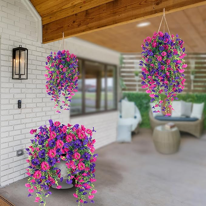 Artificial Fake Hanging Flowers Plants for Outdoor Outside Spring Summer Decoration 2PCS Faux Silk UV Resistant Realistic Morning Glory with Eucalyptus for Home Porch Patio Balcony(Purple & Magenta)