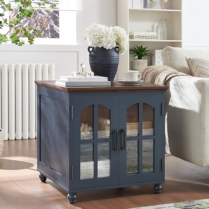 Farmhouse End Table with Charging Station,24" Large Sofa Side Table with Glass Barn Door,Rustic Wood Night Stand with Adjustable Storage Shelf,Square Bedside Table for Living Room,Bedroom Office