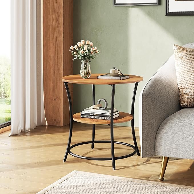 WLIVE Side Table, Round End Table with 2 Storage Shelves for Living Room, Bedroom, Nightstand with Steel Frame for Small Spaces, Accent Coffee Table, Rustic Walnut