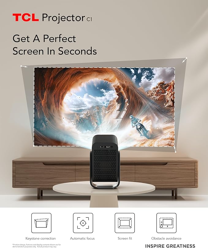TCL C1 Smart Projector 4K Support, Google TV & Netflix Officially Licensed, WIFI and Bluetooth, Auto Focus Keystone, Native 1080p, Dolby Audio, 285° Portable Mini Projector for Home Theater