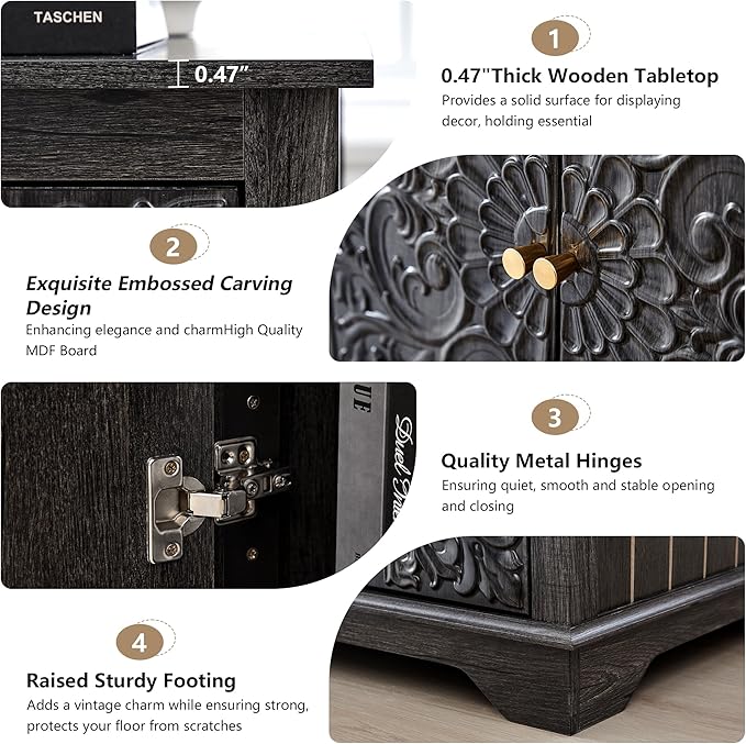End Table Set of 2, 24" Farmhouse Nightstand with Carved Floral Door & Adjustable Shelf, Square Wooden Sofa Side Table with Storage for Living Room Bedroom (Antique Black-Brown)
