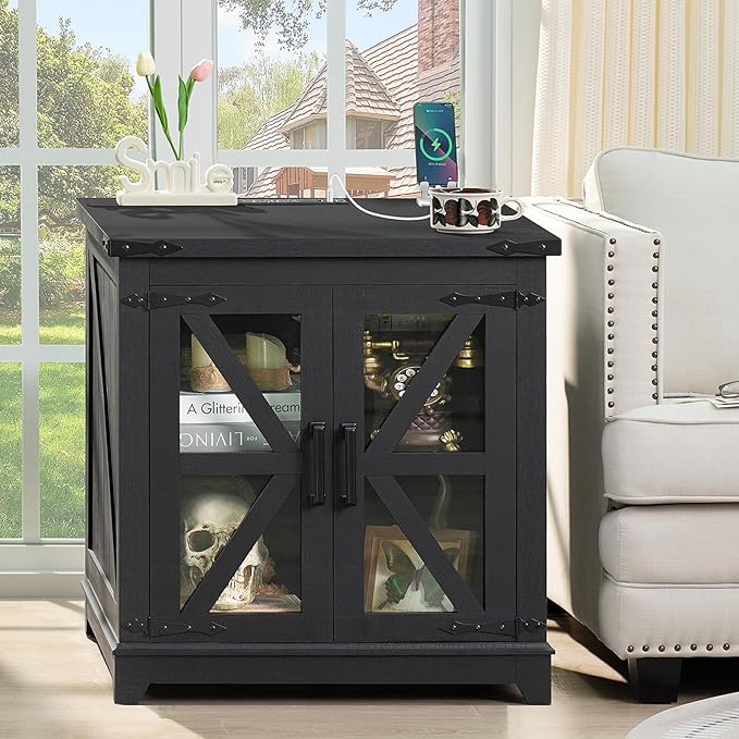 Farmhouse End Table, 24" Large Sofa Side Table with Charging Station Glass Barn Door, Wood Nightstand with Adjustable Storage Shelf, Square Bedside Table for Living Room, Bedroom