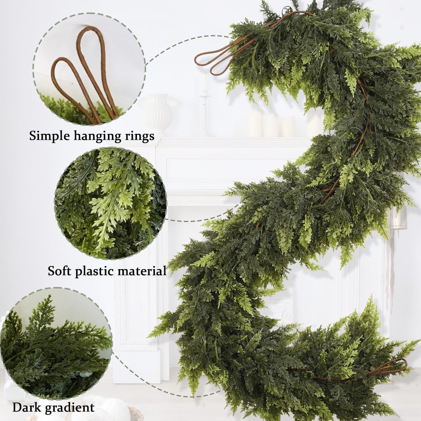 6 Ft Artificial Cedar Garlands – Real Touch Winter Greenery, Realistic Artificial Cedar Tree Christmas Pine Garland Decorations for Table Mantle Wall Indoor Fireplace Holiday Party (5ft, 1)