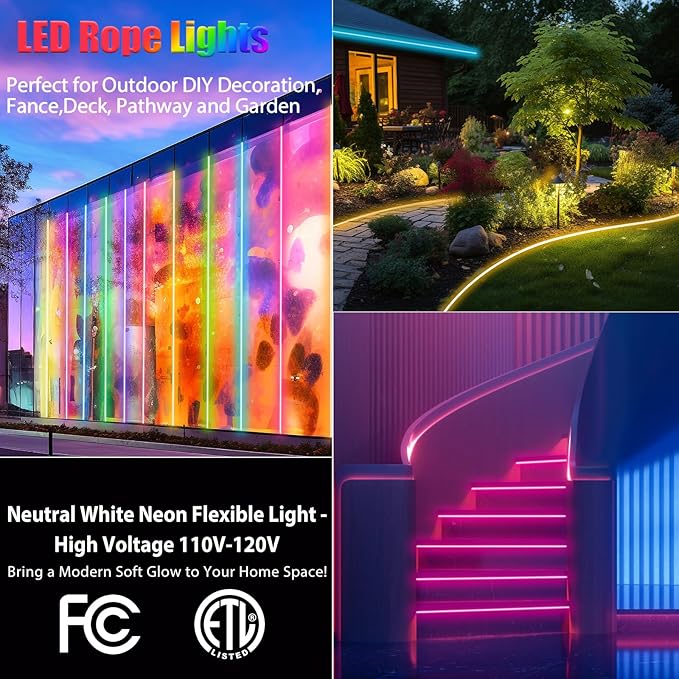50FT RGB Neon Rope Lights with Remote,120V ETL Led Strip Lighting,Expandable Commercial Grade IP65 Waterproof Plug-in Led Rope Lights with Dimmable Power Adapter for Outdoor,Indoor Using