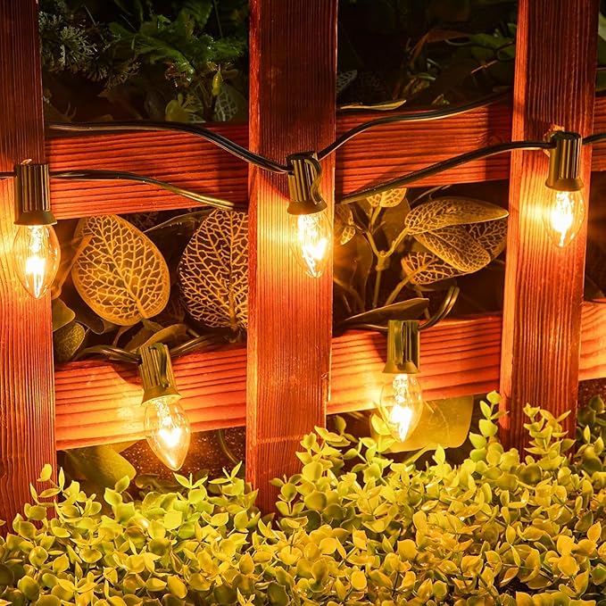 Minetom Vintage Christmas Lights, C7 String Lights for Christmas Holiday Season Party Indoor Outdoor Garage Garden Patio Backyard Cafe Decoration, Green Wire (50 Feet, Clear)