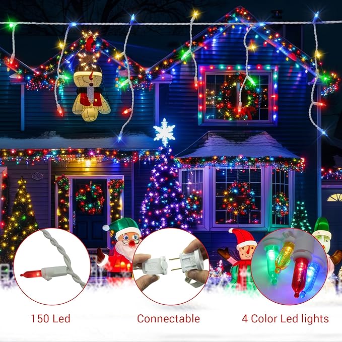 New One Icicle Lights Outside 3 Pack, 20.2 FT 150 LEDs Multicolor Christmas Outdoor With White Wire, Connectable String With 39 Drops, Holiday Wedding Party Indoor