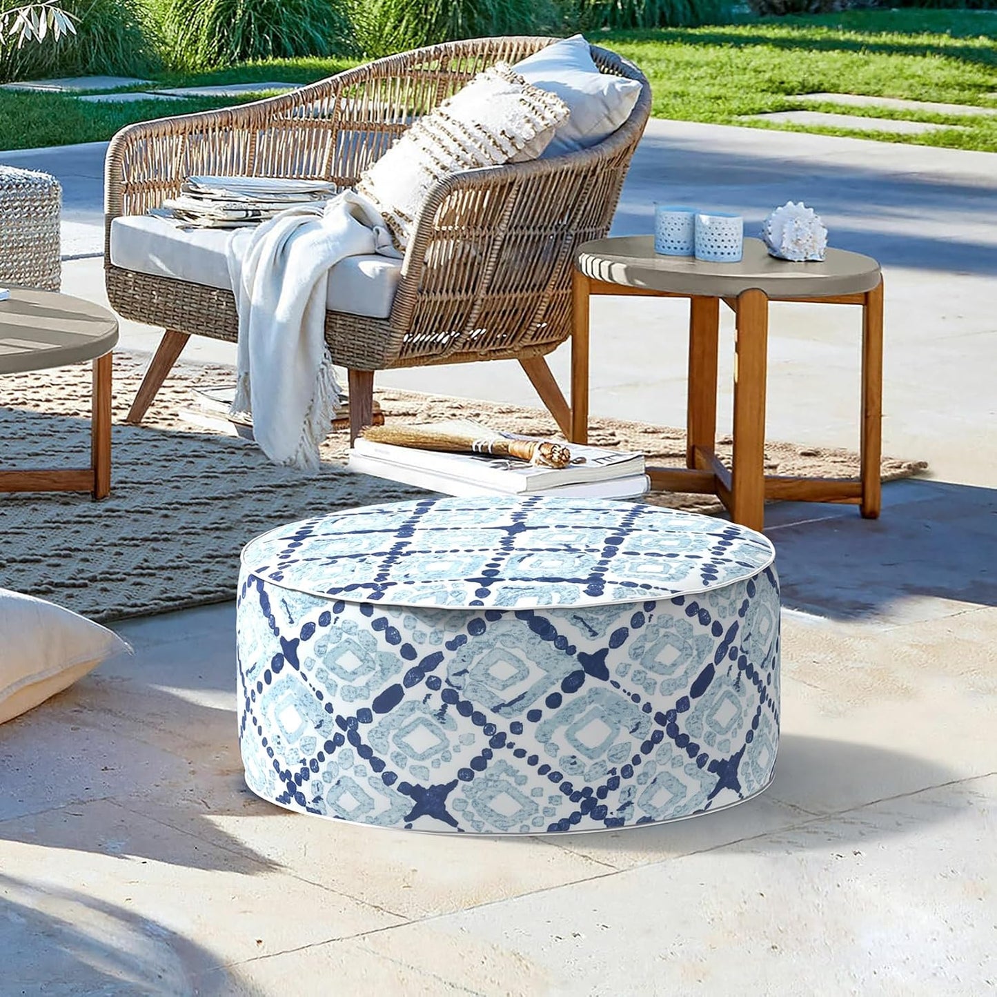 LVTXIII Inflatable Stool Ottoman Footrest with Handle, Decorative Fade-Resistant Foot Stool, Indoor or Outdoor Pouf for Home Garden and Camping Use, 21x21x9, Boho Geometry Blue