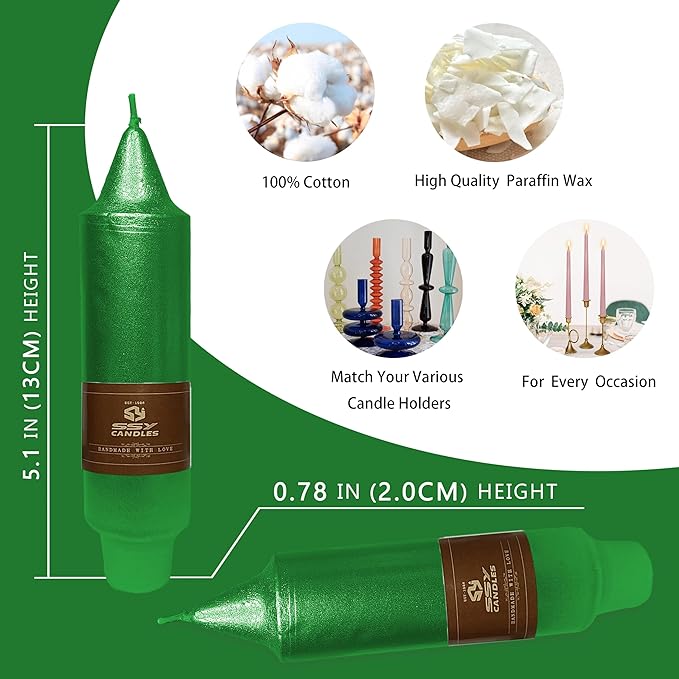 5 Inch Short Taper Candles Candle Sticks Handmade Set of 4 Smokeless Long Burning Dripless Tapered Candle for Wedding Christmas Home Decoration(Metal Green)