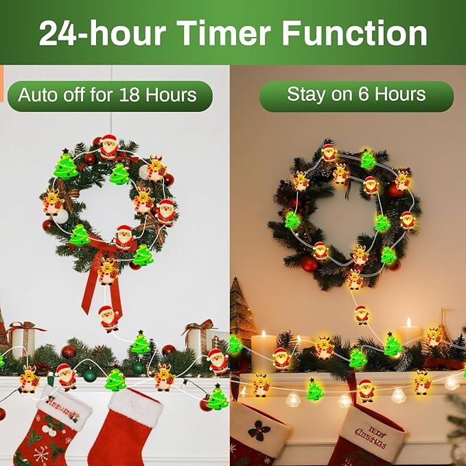 ZGWJ Christmas String Lights with Timer, Tree-Reindeer-Santa Claus 50LED 16FT Twinkle Fairy Lights 8 Modes for Bedroom,Christmas Parties Decoration (Xmas Tree-Reindeer-Santa Claus, 1PCS)