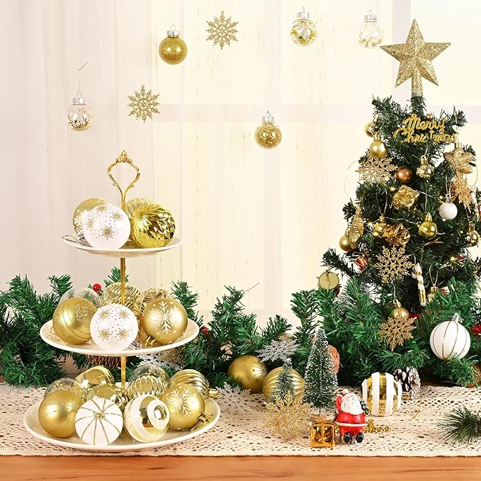 50Pcs Christmas Tree Ornaments - 2.36''/60mm Christmas Ball Ornaments Set for Xmas Tree Holiday Party Wedding Home Decorations (Gold & White)