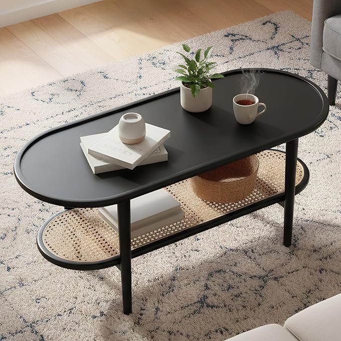 Modern Rattan Coffee Table, 39.5 Oval Black Wood Coffee Table with Storage Shelf for Living Room, 2-Tier Center Table Entryway Table Side Table Nightstand for Bedroom Office Small Space Cafe