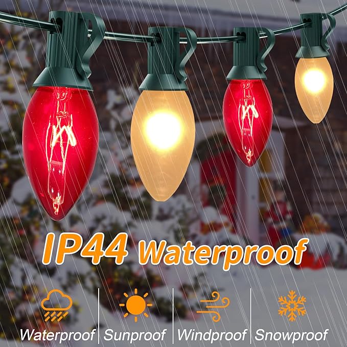 25Ft C9 Christmas Lights Outdoor, Vintage Multicolor String Lights with 26 C9 Clear Red/Frosted White Bulbs for Christmas Tree, Roofline, Garden, Patio, Cafe, Xmas Decorations