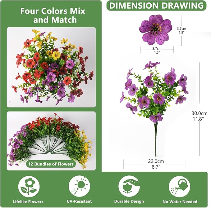 Artificial Flowers for Outdoors, 12 Bundles Multicolor Silk Fake Flower for Spring Summer Decoration, UV Resistant No Fade Artificial Outdoor Plants for Home Planter Porch Patio Yard Decor