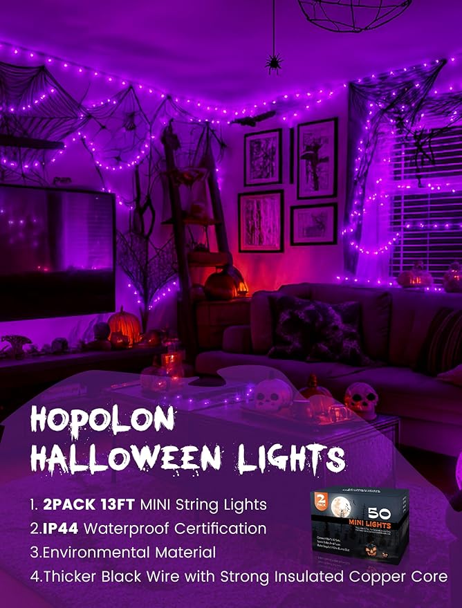 Hopolon Purple Halloween Lights,2PACK 13ft 50Count Halloween Decorations Mini Purple String Lights with Black Wire Waterproof Certified for Indoor Outdoor Christmas Tree Home Party Garden Holiday