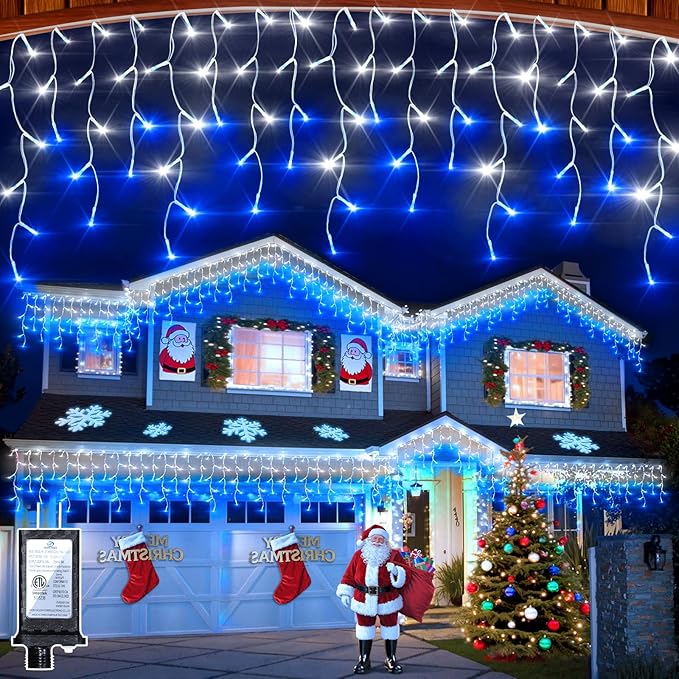 1296 LED Outdoor Christmas Lights with 288 Drops, 131FT Christmas Fairy Lights with 8 Modes Timer, Twinkly Lights IP44 Waterproof for Eaves Yard Holiday Wedding Party Decor Blue & Cool White