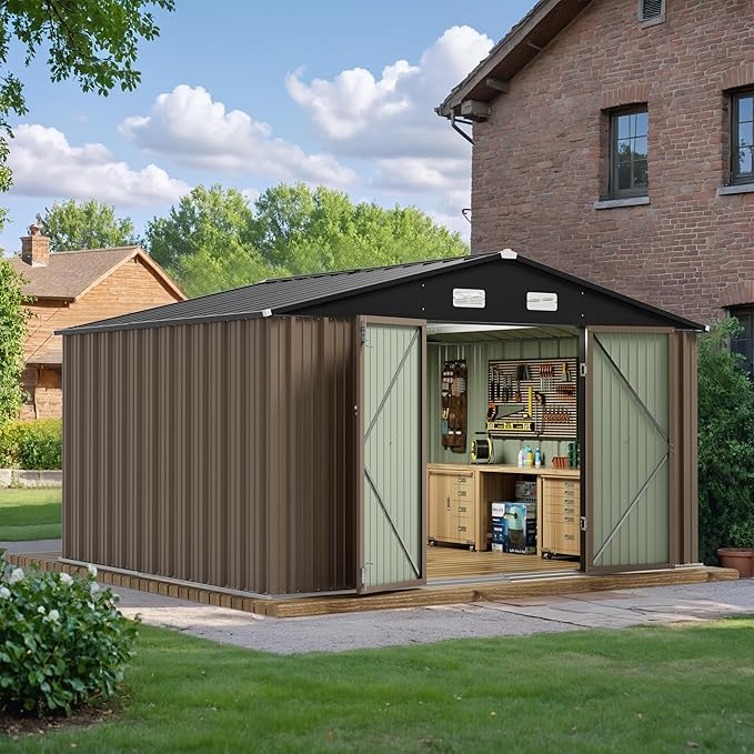 JUMMICO 8 x 10 FT Outdoor Storage Shed, Large Metal Garden Shed & Tool Sheds for Backyard Garden Patio Lawn (Brown)