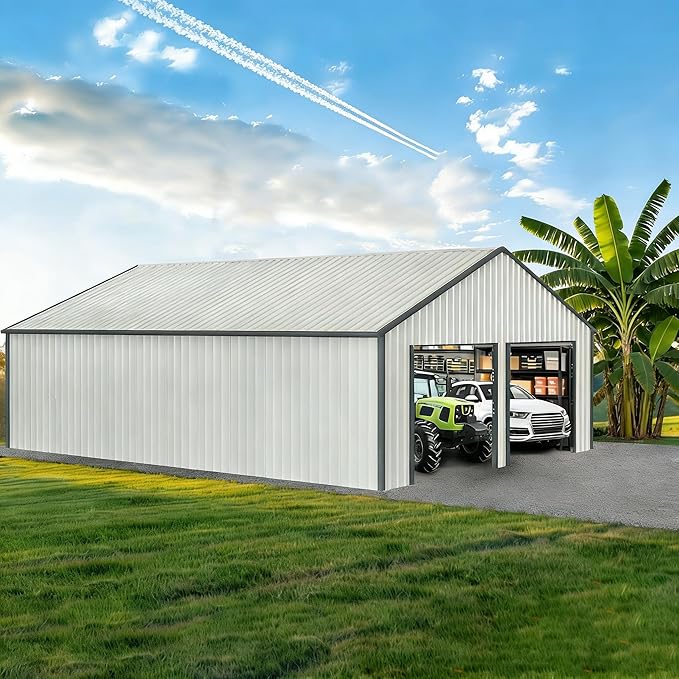 25x33 Outdoor Storage Shed, Extra Large Metal Garage Building, Heavy Duty Double Garage Shed with Side Door & 16 GA Steel Frame, Waterproof 2 Car Sheds for Car, Truck, Bike, Tool Storage, Cream