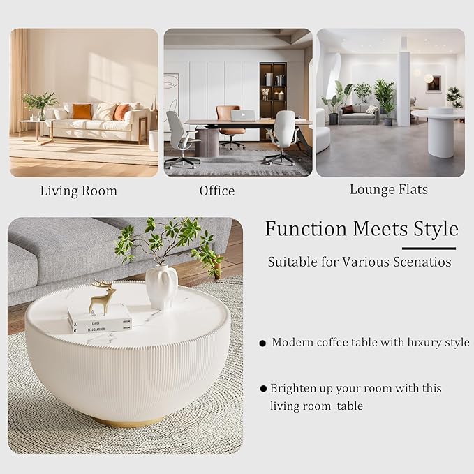 27.55" White Round Coffee Table, Drum Coffee Table with Sintered Stone Tabletop and Fluted PU Leather Covered and Metal Base, Circle Cocktail Tea Table for Living Room
